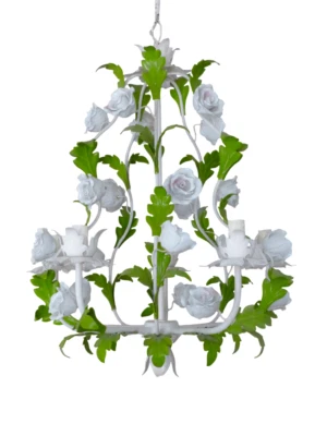 Charming Large Vintage Italian Chandelier Toleware & Porcelain Flowers Foliage - Image 1 of 4