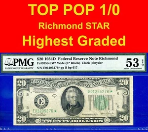 1934D $20 Federal Reserve Note PMG 53EPQ top pop 1/0 Richmond star Fr 2058-EW* - Picture 1 of 4