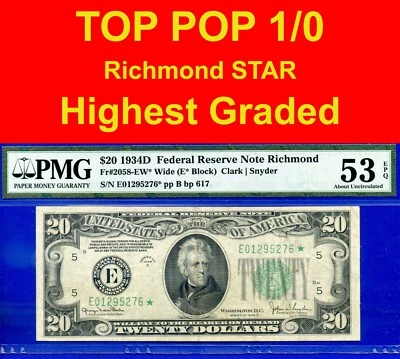 1934D $20 Federal Reserve Note PMG 53EPQ top pop 1/0 Richmond star Fr 2058-EW* - Image 1 of 4