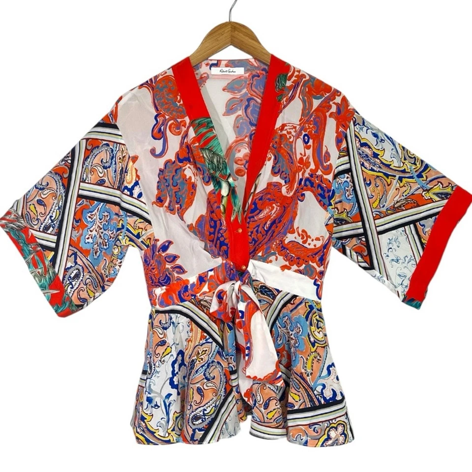 Robert Graham 100% Silk Paisley Blouse with Plunging Neckline and Tie Front SM - Image 1 of 4