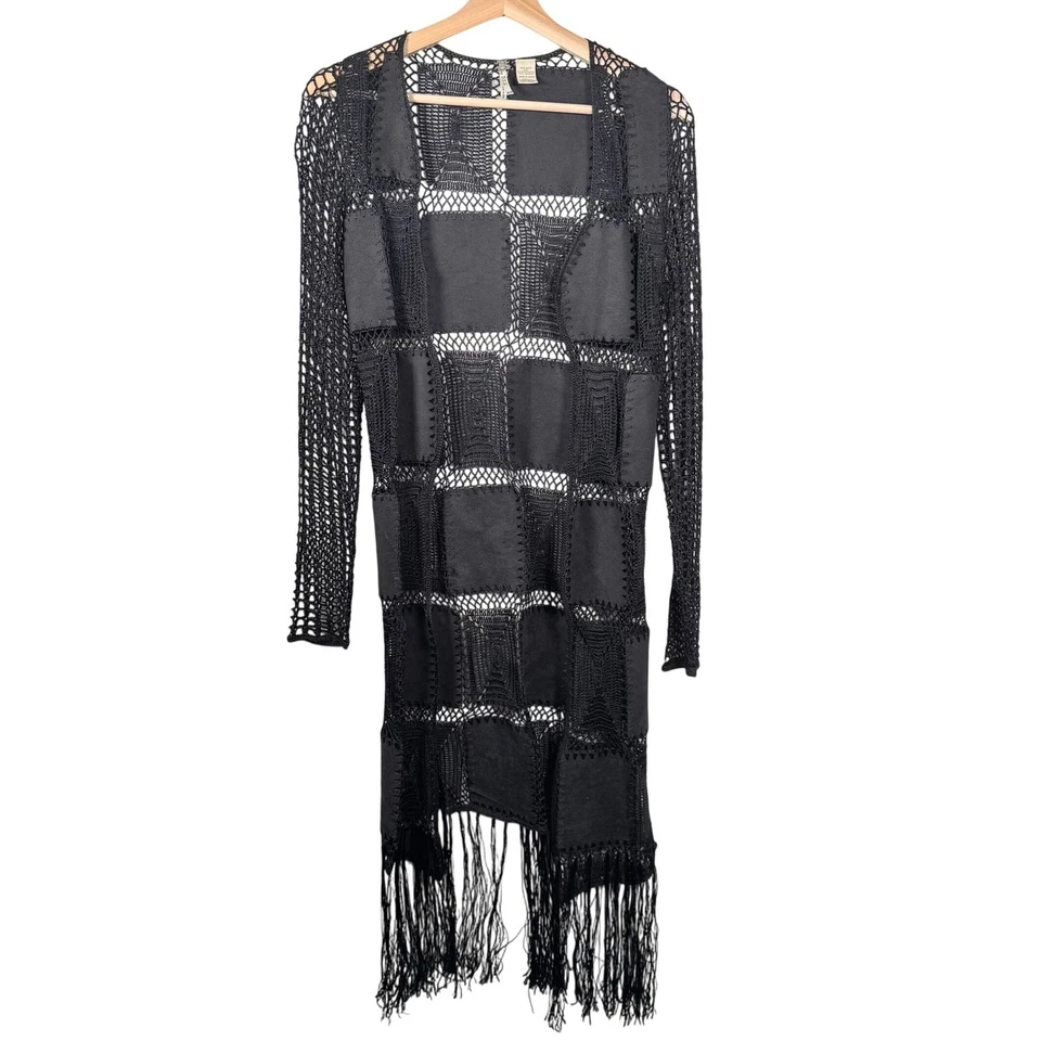 BKE 黑色钩针拼布人造皮革条纹长袖掸子开衫 XS — 第 1/4 张图片