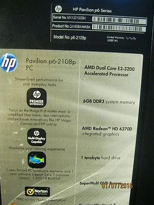 HP Pavilon 6-2108p pc AMD 2.4GHZ, 6 GB RAM, Win 10 pro - Image 1 of 2