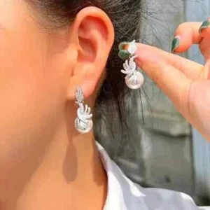 1.0Ct Round Cut Real Moissanite Fancy Drop Dangle Earrings 14K White Gold Plated - Picture 1 of 8