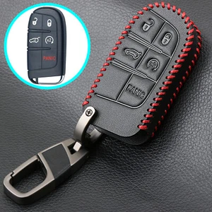 Leather Car Key Cover Case Protector for Jeep Cherokee Dodge Chrysler Key Chain - Foto 1 di 8