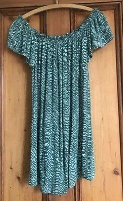 PRIMARK.  GREEN PRINT TUNIC TOP.  OFF THE SHOULDER & SHORT SLEEVES. SIZE 10 - Image 1 of 2