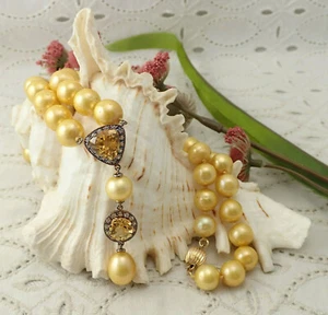 Genuine 9mm Gold Pearl 23" Gold Filled Necklace with Citrine Topaz Dangle - Picture 1 of 6