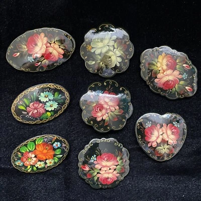Vintage Lot Of 8 Hand Painted Black Lacquer Russian Signed Floral Brooch Pin F1 - Image 1 of 4