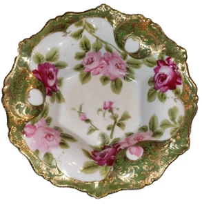 NIPPON HANDBEMALT GOLD Rosa Grün Blumen SCHALE 7 1/2" - Bild 1 von 4