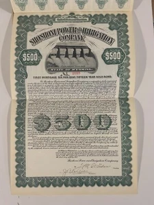 1912 Shoshoni Power & Irrigation Company certificado de acciones de bonos Wyoming - Imagen 1 de 2