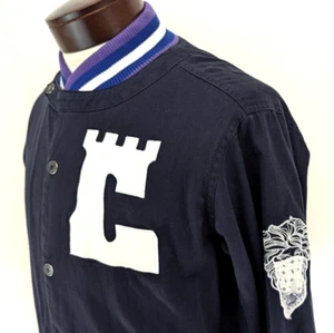 Chaqueta de bombardero universitaria Crooks & Castles para hombre S TRBL MKRS azul púrpura a presión usada en excelente estado * - Imagen 1 de 10