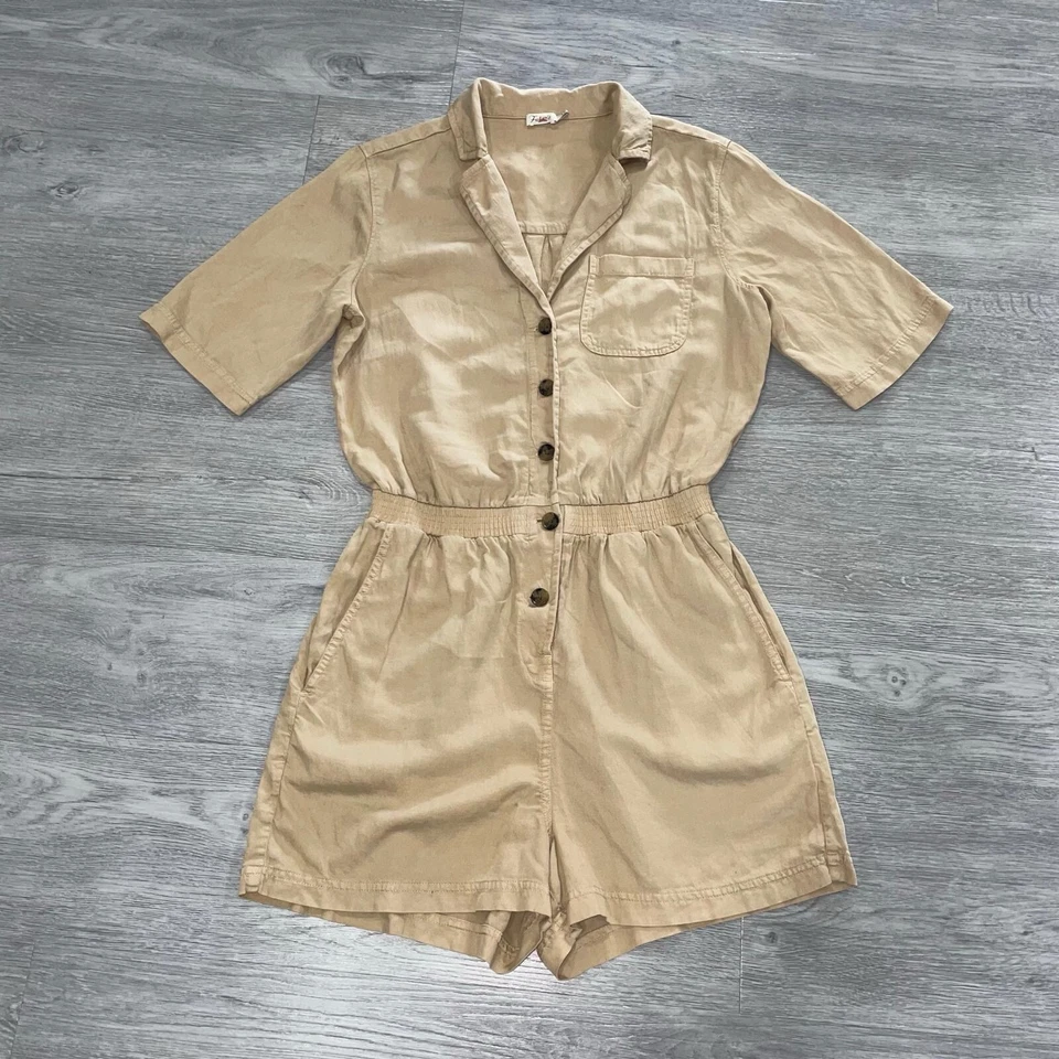 Faherty Arlie Romper Womens Small Tan Brown Button Pockets Linen Blend Comfort - Image 1 of 4