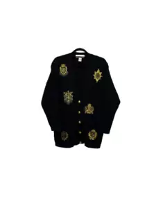 VINTAGE JONES NEW YORK Womens Embroidered Coat of Arms Cardigan Sz. S LAMBS WOOL - Picture 1 of 5