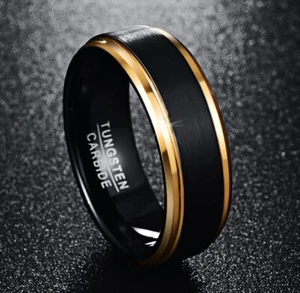 WOLFRAM / Carbid / Tungsten *** Bandring schwarz-gold 8 mm breit, Größenauswahl - Picture 1 of 10