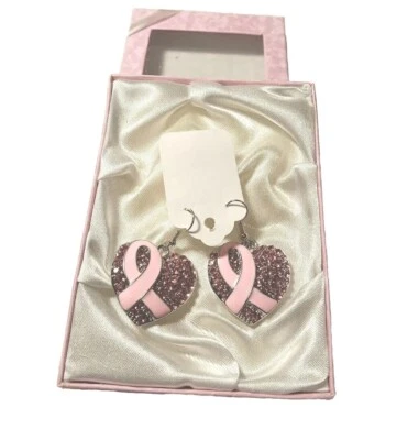 粉红色丝带耳环乳腺癌意识心形吊坠耳环全新带盒 — 第 1/4 张图片