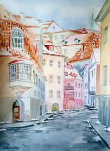 Alt Stadt Aquarell Gemälde Straße Haus Winter impressionism claude monet - Bild 1 von 6