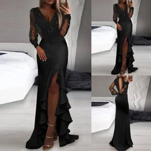 Womens Sexy Ruffle Maxi Dress Long Sleeve Cocktail Evening Prom Party Ball Gown - Picture 1 of 8