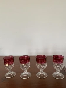 1960s-70s Indiana Glass King's Crown Thumbprint Ruby Flashed Red 4 Goblets 3.5"H - Picture 1 of 14