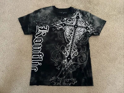 VINTAGE KONFLIC Y2K CROSS TRIBAL PRINT MADE IN USA TEE T-SHIRT MEN’S L. - Image 1 of 4