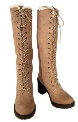 Botas femininas JF Asher 9,5 camurça bronzeada com cadarço/ zíper forradas com sherpa  - Imagem 1 de 4