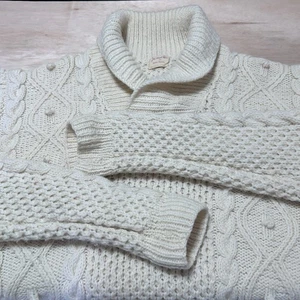Vtg Hand Knit Fisherman Chunky Cable Cream Colored Sweater XL Wool Shawl Collar - Picture 1 of 9