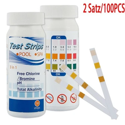 100x 3in1 Teststreifen Pool Chlor pH-Wert Alkalität Wassertester Pooltester Brom - Bild 1 von 4