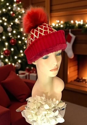 Bonito sombrero tejido rojo con lentejuelas doradas para dama Claus en el gran día talla pequeña Foto 1 de 2