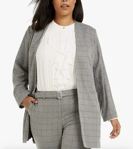Calvin Klein Collarless Plaid Topper Long Jacket Blazer Suit Set Size 14 - Afbeelding 1 van 17