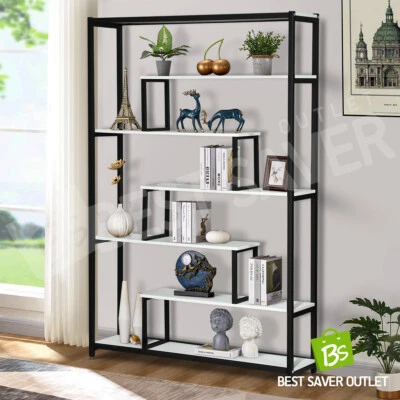 Multi-Level Bookshelves Bookcase Storage Rack Display Shelf Wood Metal White - image 1 of 4