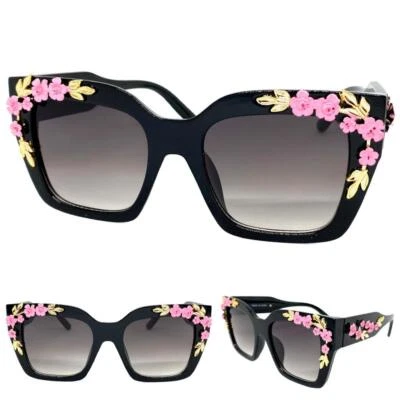 GAFAS DE SOL ESTILO RETRO VINTAGE DE GRAN TAMAÑO Marco Negro Cuadrado Grande Diseño Floral Foto 1 de 4