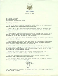 Carta personal autografiada del congresista Jack Kemp 8 de enero de 1988 en su membrete - Imagen 1 de 5