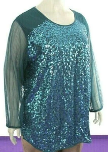 Camicia donna blusa manica lunga turchese elasticizzata paillettes chiffon taglia 58 60 62 nuova R227 - Foto 1 di 7