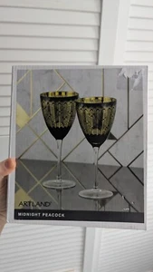 ARTLAND "Midnight Peacock" Wine Glasses Gold & Black x 2 - Picture 1 of 8