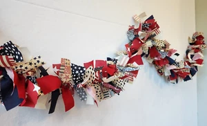 Americana Fabric Garland, Rustic Rag Garland 6ft, Farmhouse July 4th Garland - Picture 1 of 8