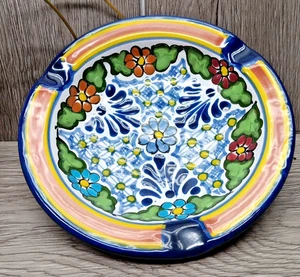 Authentic Talavera Blue Floral Mexican Pottery Ashtray Signed 6" - Picture 1 of 7