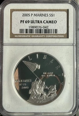 2005 P Marine Corps Silver Proof Dollar NGC PF69 Ultra Cameo - Image 1 of 2