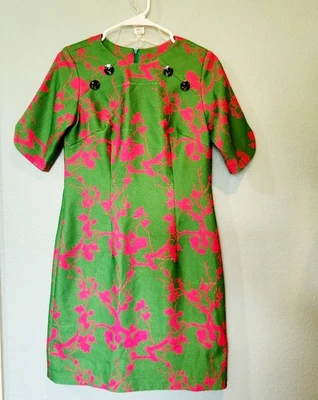 Vestido recto vintage años 60 hecho a mano Groovy verde neón rosa mod floral  Foto 1 de 4