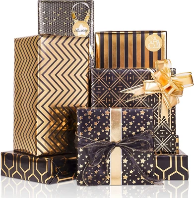 Juego de Papel de Envolver Regalo, 6 Hojas Metálico Negro Oro Lámina Papel de Envolver con Regalo Foto 1 de 4