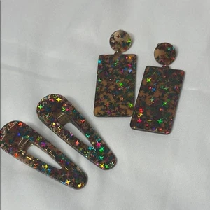 GUC Starry Resin Haarspangen und Ohrringe Set Glitzer Accessoire Set Festival Club - Bild 1 von 2