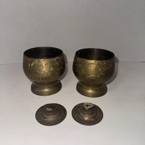 Pair Of Vintage Floral Etched Solid Brass Candle Holder/ Glasses Made in India - Picture 1 of 5