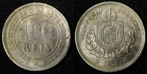 BRAZIL Pedro II  1877 100 Reis Rio de Janeiro BETTER DATE  XF KM# 477  (28 210) - Picture 1 of 3