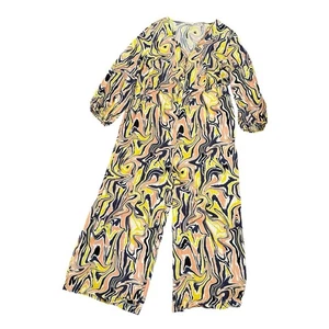 Gorman Sz 16 V-Neck Long Sleeve Jumpsuit Yellow Pink Abstract Arty Pockets - Picture 1 of 6