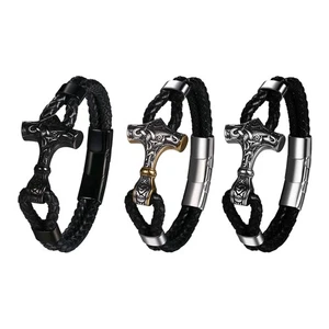 Men's Viking Mjolnir Hammer PU Leather Bracelet Stainless Steel Magnetic Buckle - Picture 1 of 13