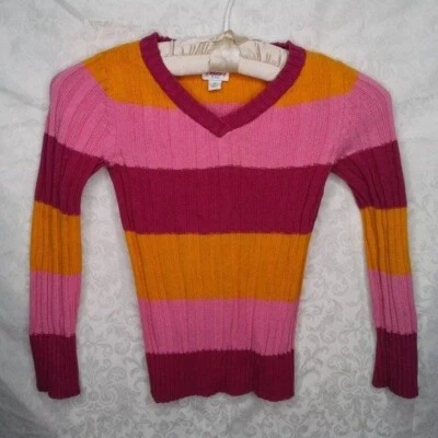 Place Girls Knit Sweater Pink & Orange V Neck Color Block Stripes Size Small 5/6 - Image 1 of 4