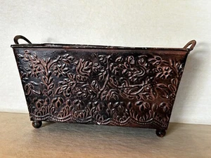 Metal Planter basket storage container Handles rustic embossed - Picture 1 of 15