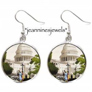 Washington DC Vintage Travel Poster Art Print EARRINGS Silver Charm Dangle - Picture 1 of 12