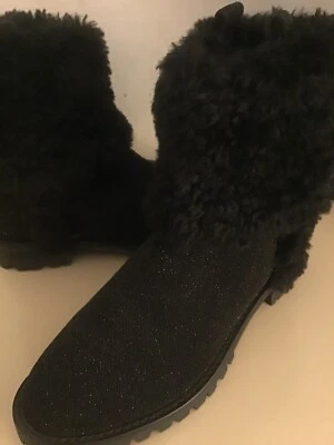 Rebecca Minkoff women black leather rhinestone fur boots US size 7 Euro 38  - Image 1 of 4