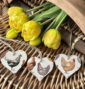 3 x Wooden Hearts Decoupage With Emma Bridgewater Chicken Tissue Keepsakes Tags - Picture 1 of 3