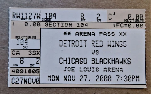 Red Wings vs Chicag Blackhawks Ticket Stub Nov 27, 2000 - Joe Louis Arena JLA Cover