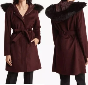 Cole Haan Signature Faux Fur Trim Wool Blend Jacket, Size 12,  Bordeaux, NWT - Picture 1 of 6
