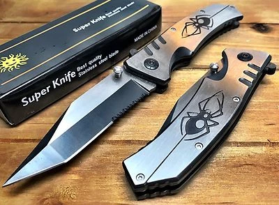 Spring Assisted Tactical Pocket Knife Spider Logo Heavy Duty Aluminum Sharp Hunt - Image 1 of 2